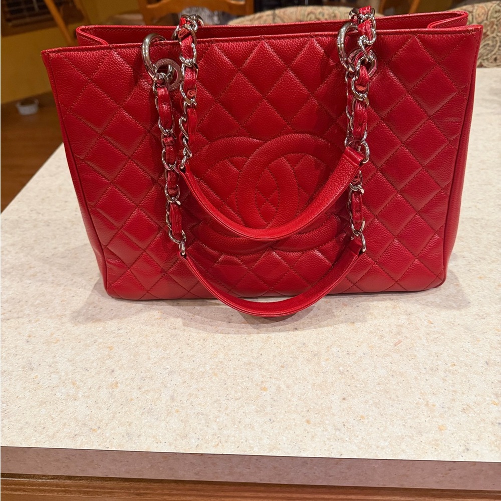 CHANEL Red Caviar Leather Tote Bag Discontinued